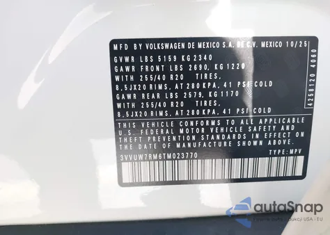 2026 Volkswagen Tiguan from USA, damaged, VIN 3VVUW7RM6TM023770